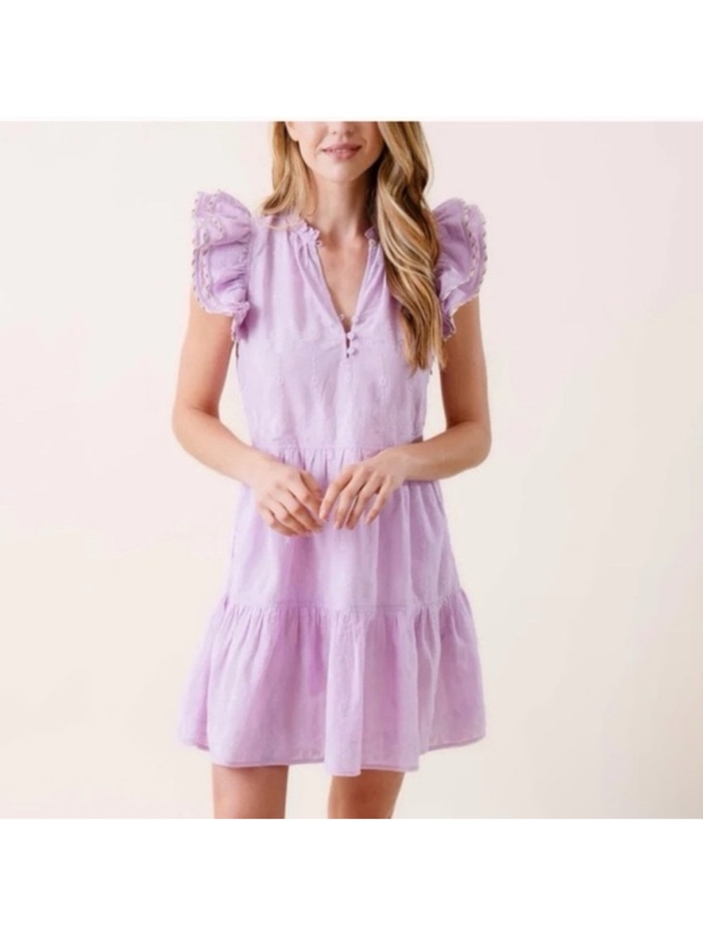 OMIKA Wilora Lilac Mini Dress with Ruffle Sleeves And Pockets